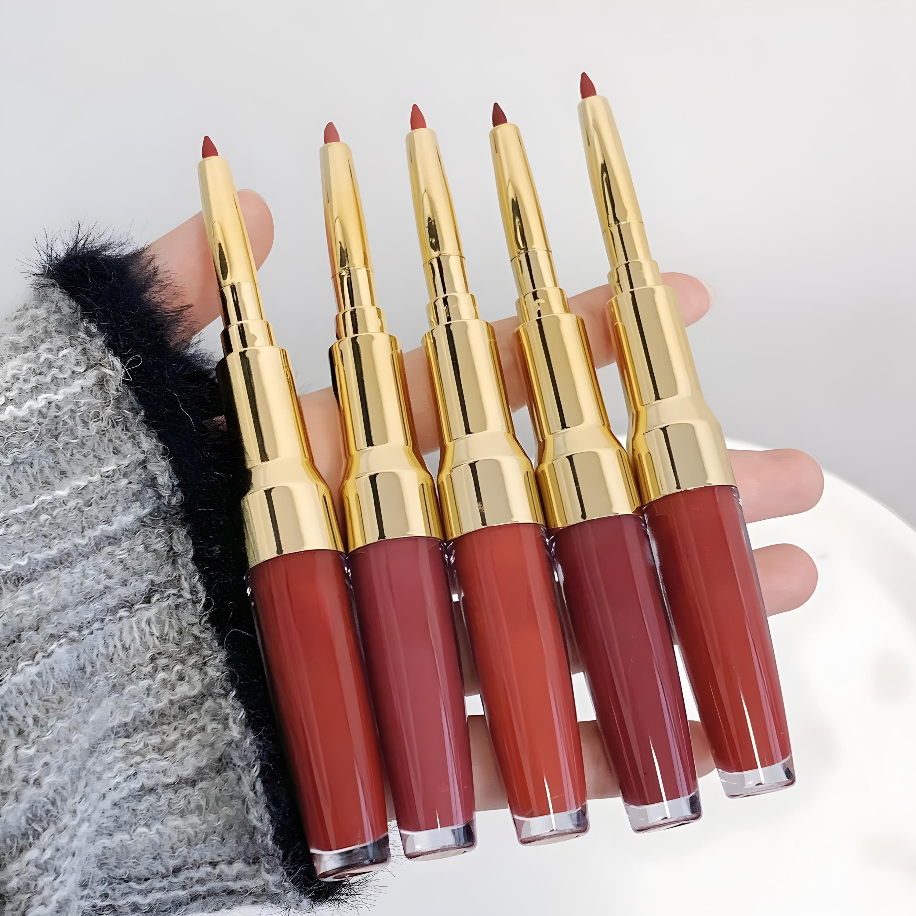 2 In1 Double-Ended Mirror Moisturizing and Whitening Lipstick Create Q-Bounce, Moist and Plump Lips; Multi Function Fiber-Carved Essence Nude Lipgloss&Lipliner 