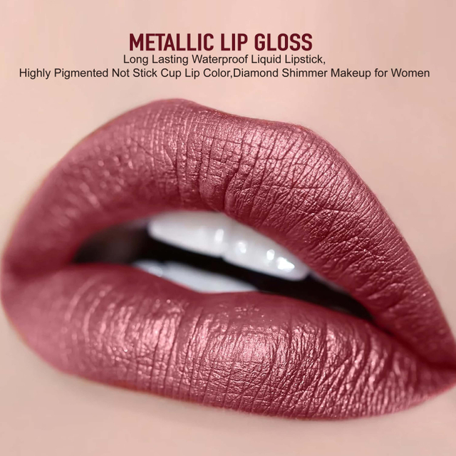 Metallic Lip Gloss,Long Lasting Waterproof Liquid Lipstick,Highly Pigmented Not Stick Cup Lip Color,Diamond Shimmer Makeup for Women